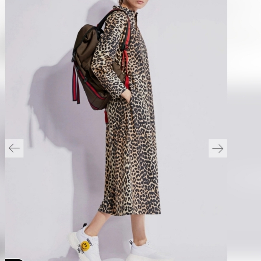 Ganni Leopard Print Front Zip Midi Dress